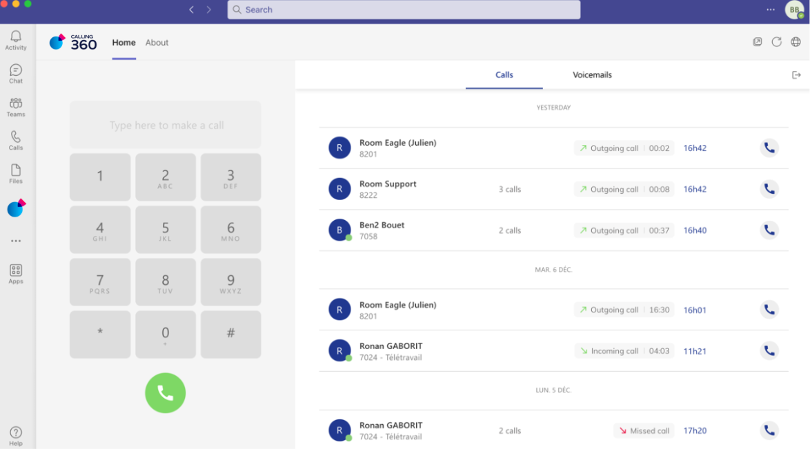 Écran d'accueil des appels